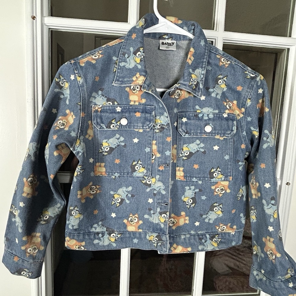 Bluey Kids Denim Jean Jacket Size 8 Medium All Over Character Print Girls Boys